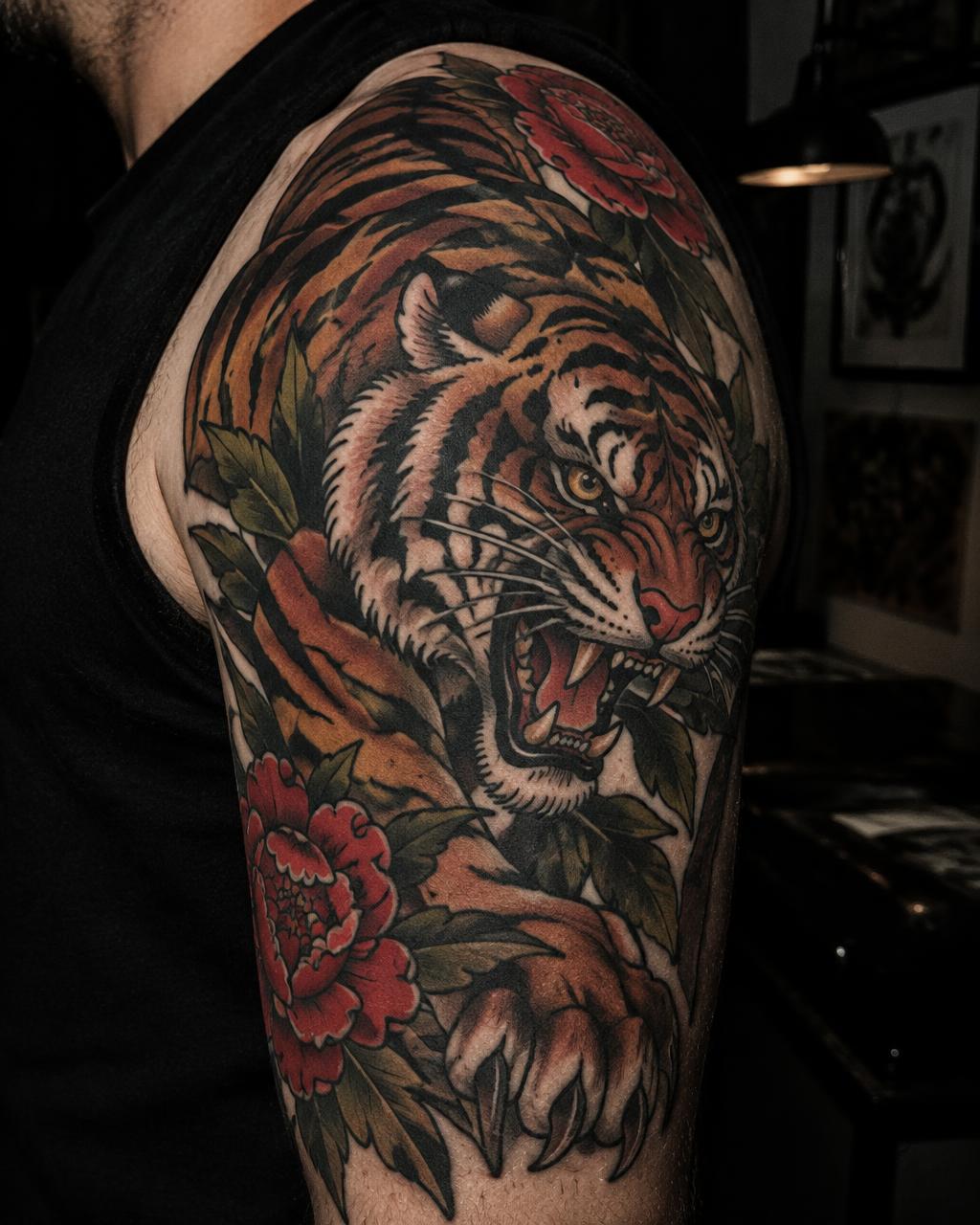 Neo-traditional tiger and peony tattoo on a shoulder